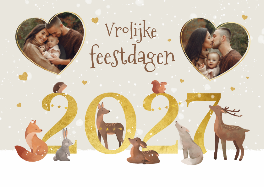 Kerstkaart vrolijke dieren 2027 jaartal liefde hartjes - Kerstkaarten Kerstkaarten - Kerstkaart vrolijke dieren 2027 jaartal liefde hartjes
