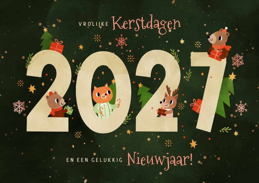 Kerstkaart vrolijke diertjes met cadeaus 2027 donkergroen - Kerstkaarten Kerstkaarten - Kerstkaart vrolijke diertjes met cadeaus 2027 donkergroen