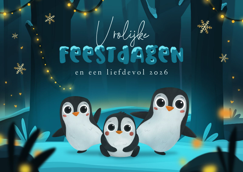 Kerstkaarten - Kerstkaart vrolijke feestdagen pinguïns kinderen winter