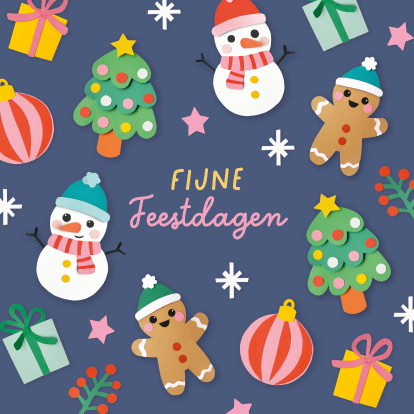 Kerstkaarten - Kerstkaart vrolijke figuren donkerblauw