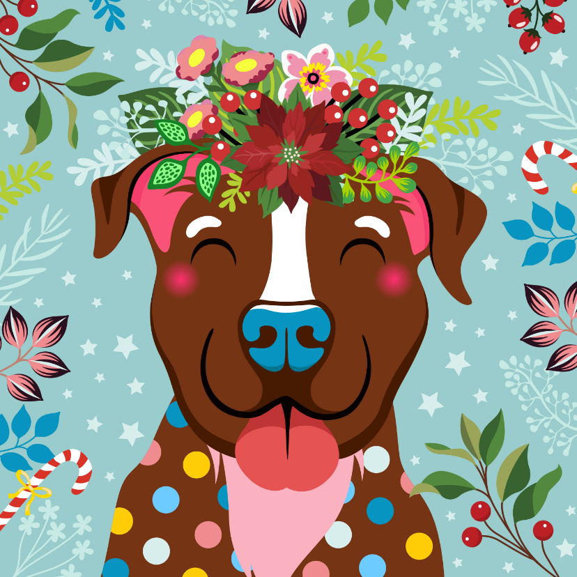 Kerstkaart vrolijke hond, bloemen en planten - Kerstkaarten Kerstkaarten - Kerstkaart vrolijke hond, bloemen en planten