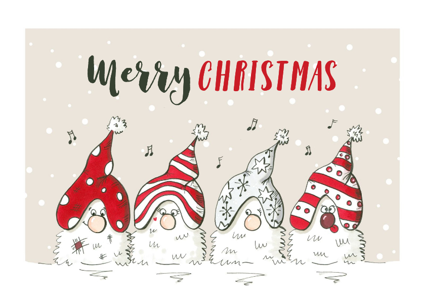 Kerstkaart vrolijke kabouters met kerstmutsen - Kerstkaarten Kerstkaarten - Kerstkaart vrolijke kabouters met kerstmutsen