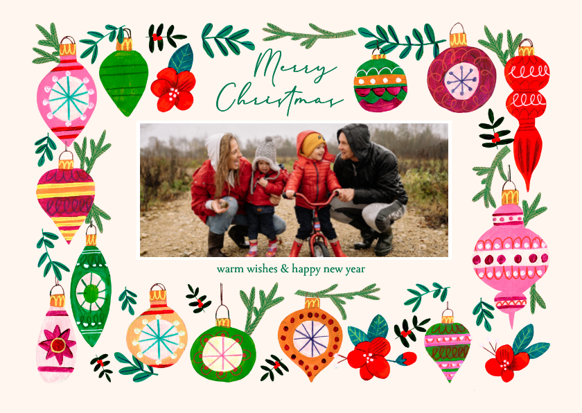 Kerstkaarten - Kerstkaart vrolijke kerstballen illustratie rand modern