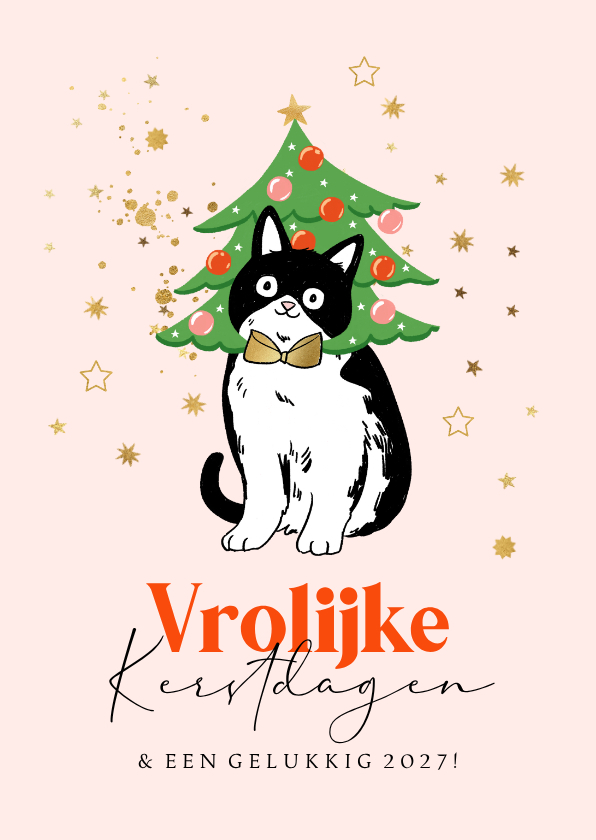 Kerstkaart vrolijke kerstdagen illustratie kat goud sterren - Kerstkaarten Kerstkaarten - Kerstkaart vrolijke kerstdagen illustratie kat goud sterren