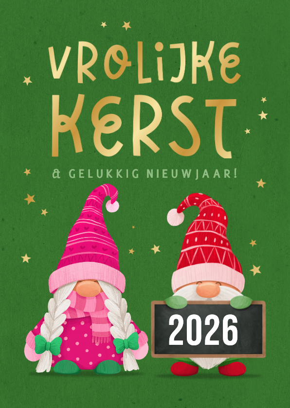 Kerstkaarten - Kerstkaart vrolijke kerstkabouters gnome sterren goud 2026
