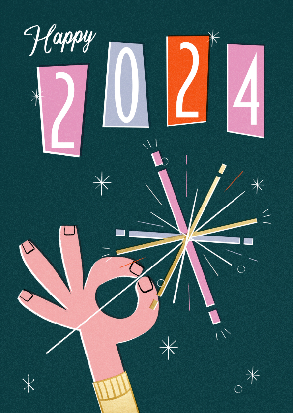 Kerstkaarten - Kerstkaart vuurwerk happy 2024 retro