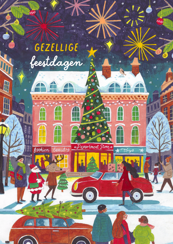 Kerstkaarten - Kerstkaart vuurwerk in de stad met sneeuw