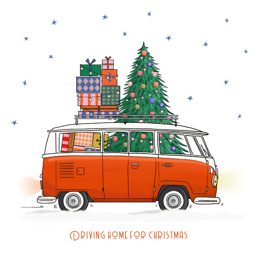 Kerstkaart vw busje rood met pakjes - Kerstkaarten Kerstkaarten - Kerstkaart vw busje rood met pakjes