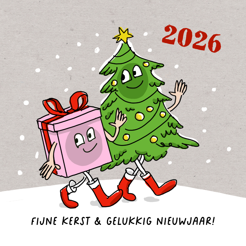 Kerstkaarten - Kerstkaart wandelende kerstboom en kerstkado