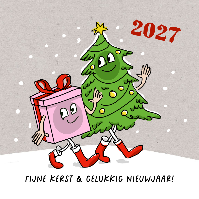 Kerstkaarten - Kerstkaart wandelende kerstboom en kerstkado