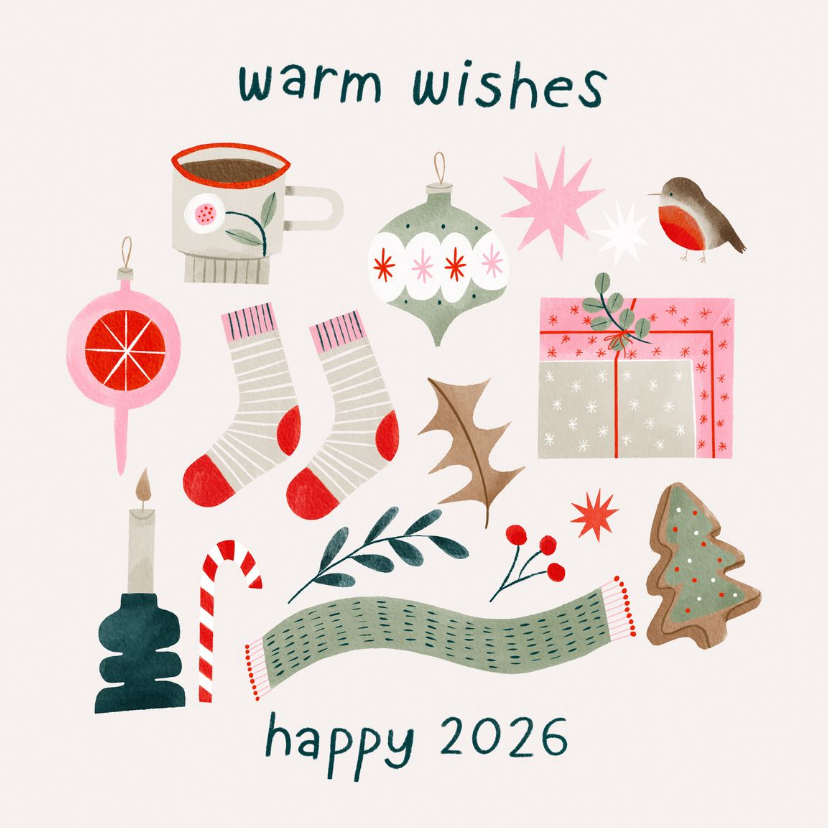 Kerstkaarten - Kerstkaart warm wishes en vrolijke kerst illustraties 