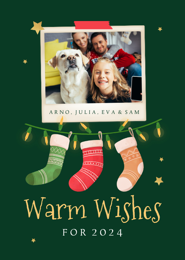 Kerstkaart warm wishes lampjes sokken zuurstok foto sterren - Kerstkaarten Kerstkaarten - Kerstkaart warm wishes lampjes sokken zuurstok foto sterren