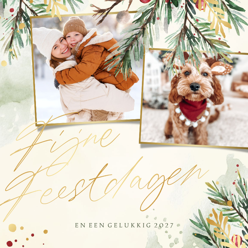 Kerstkaart waterverf 2 foto's kerst takjes met goud - Kerstkaarten Kerstkaarten - Kerstkaart waterverf 2 foto's kerst takjes met goud