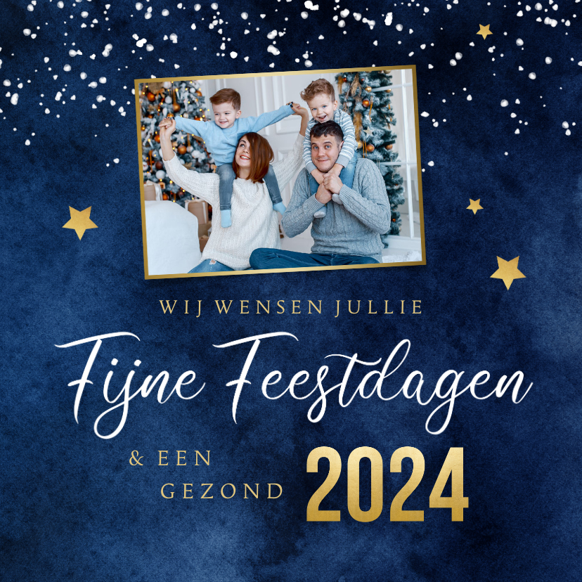 Kerstkaart waterverf blauw goud foto stijlvol - Kerstkaarten Kerstkaarten - Kerstkaart waterverf blauw goud foto stijlvol