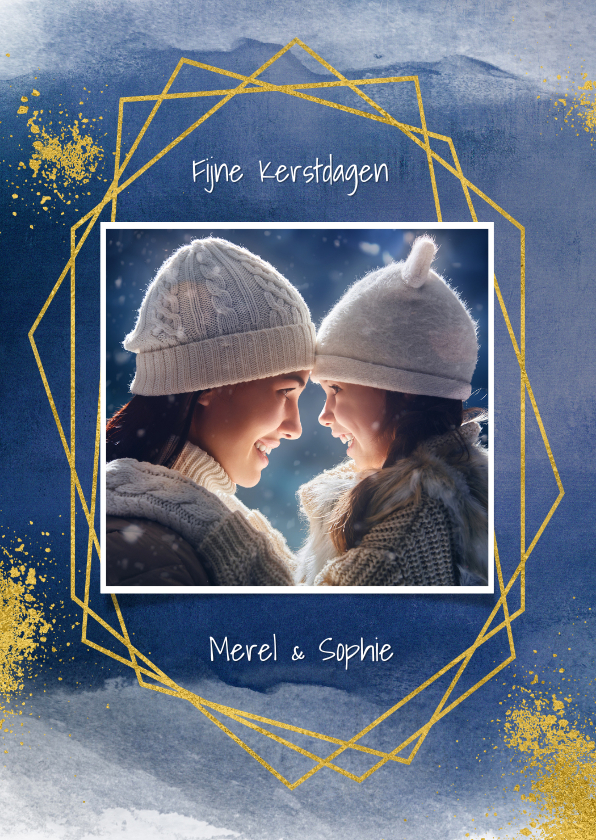 Kerstkaart waterverf blauw met goud spetters en kader foto - Kerstkaarten Kerstkaarten - Kerstkaart waterverf blauw met goud spetters en kader foto
