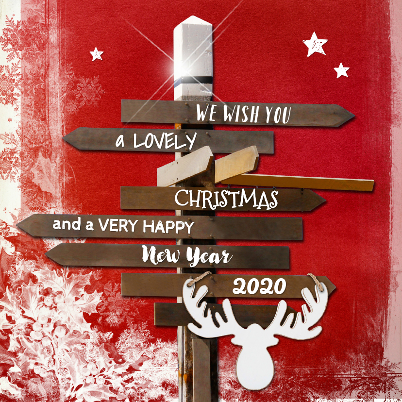 Kerstkaart houten wegwijzer rood 2020 - Kerstkaarten Kerstkaarten - Kerstkaart houten wegwijzer rood 2020
