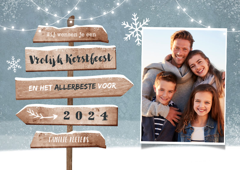 Kerstkaart wegwijzers winter hout sneeuw foto - Kerstkaarten Kerstkaarten - Kerstkaart wegwijzers winter hout sneeuw foto