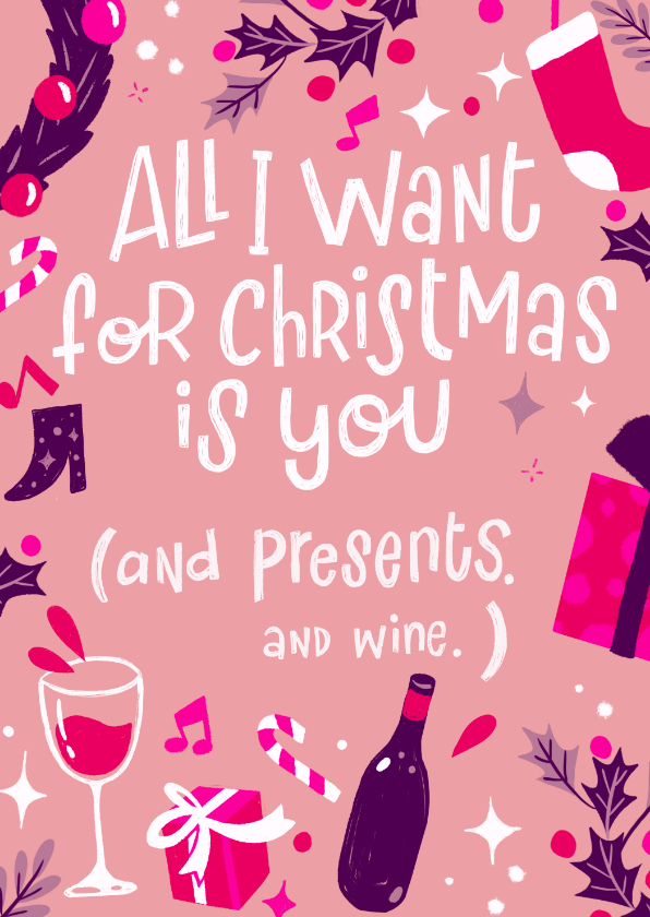 Kerstkaarten - Kerstkaart wijn en cadeaus