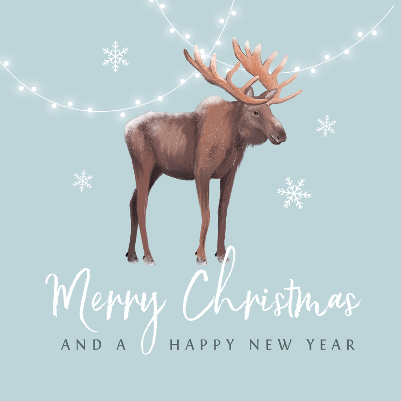 Kerstkaart winter eland lampjes sneeuwvlokken illustratie - Kerstkaarten Kerstkaarten - Kerstkaart winter eland lampjes sneeuwvlokken illustratie