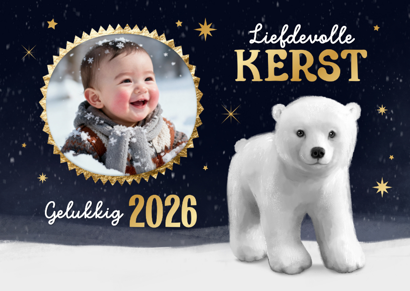 Kerstkaarten - Kerstkaart winter ijsbeer foto sterren goud fijne kerst 2026