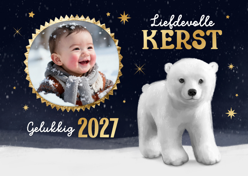 Kerstkaart winter ijsbeer foto sterren goud fijne kerst 2027 - Kerstkaarten Kerstkaarten - Kerstkaart winter ijsbeer foto sterren goud fijne kerst 2027