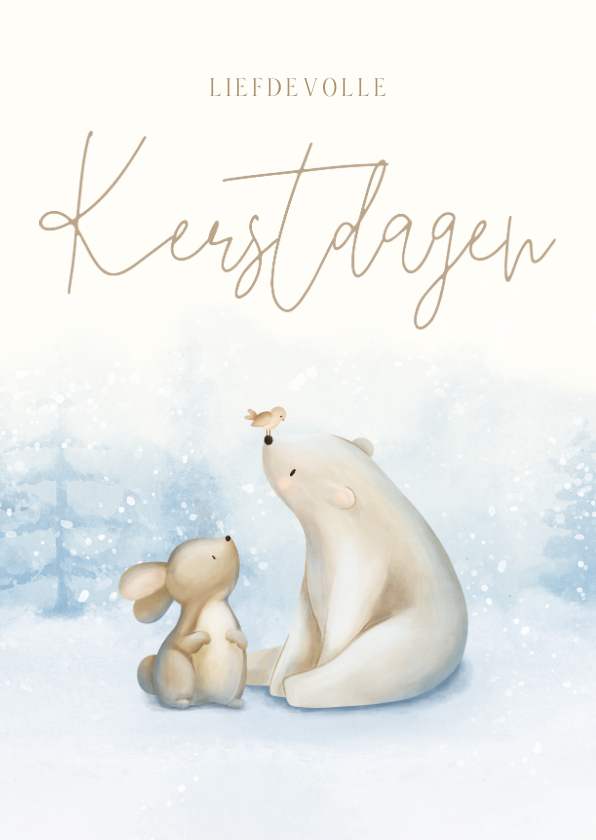 Kerstkaarten - Kerstkaart winter met een konijn ijsbeer en vogeltje