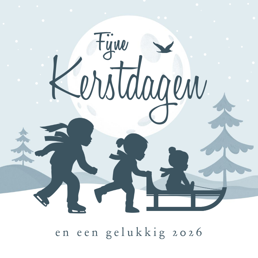 Kerstkaarten - Kerstkaart winter silhouetjes kinderen landschap maan