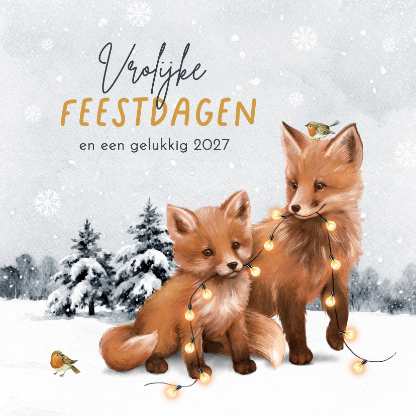 Kerstkaart winter vosjes landschap kerstlampjes - Kerstkaarten Kerstkaarten - Kerstkaart winter vosjes landschap kerstlampjes