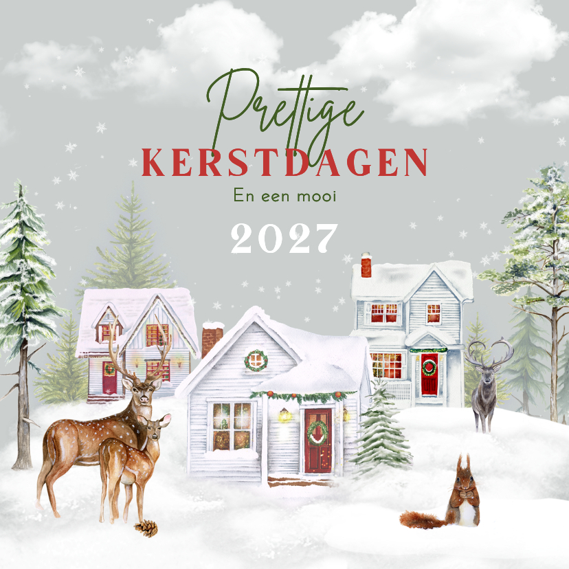 Kerstkaart winterlandschap huisjes met herten en eekhoorn - Kerstkaarten Kerstkaarten - Kerstkaart winterlandschap huisjes met herten en eekhoorn