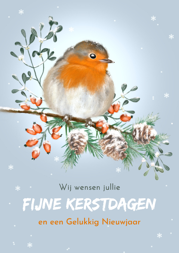 Kerstkaarten - Kerstkaart winters roodborstje met kerstgroen