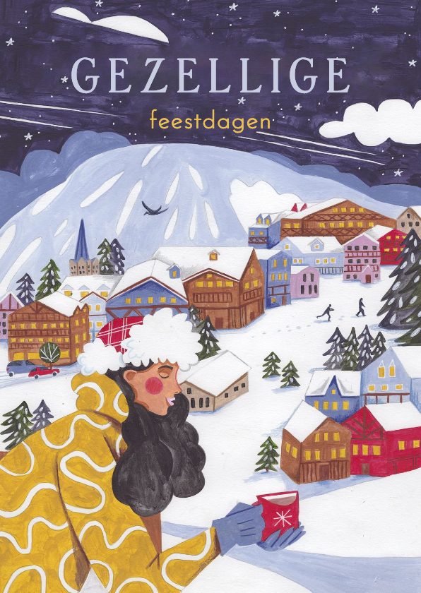 Kerstkaarten - Kerstkaart wintersport vrouw in berg landschap