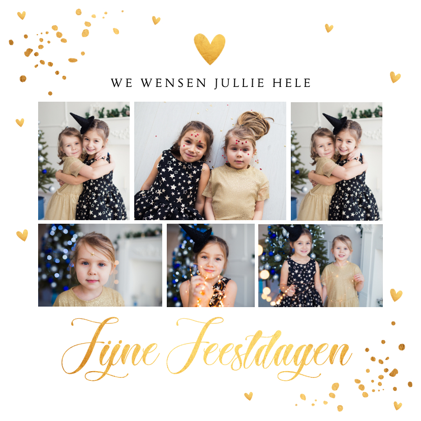 Kerstkaart wit fotocollage goudlook confetti - Kerstkaarten Kerstkaarten - Kerstkaart wit fotocollage goudlook confetti