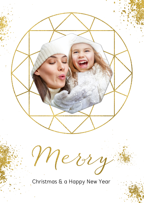 Kerstkaart wit goudspetters en diamant met foto - Kerstkaarten Kerstkaarten - Kerstkaart wit goudspetters en diamant met foto