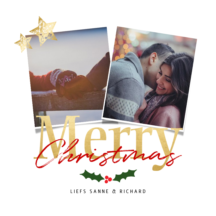 Kerstkaart wit vierkant 2 foto's - een gouden kerst - Kerstkaarten Kerstkaarten - Kerstkaart wit vierkant 2 foto's - een gouden kerst