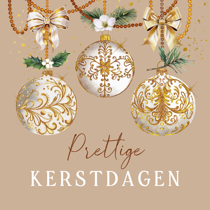Kerstkaarten - Kerstkaart witte kerstballen met goud en strik