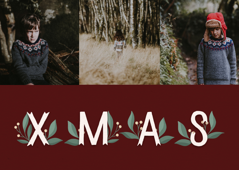 Kerstkaart 'Xmas' met takjes en foto's - Kerstkaarten Kerstkaarten - Kerstkaart 'Xmas' met takjes en foto's