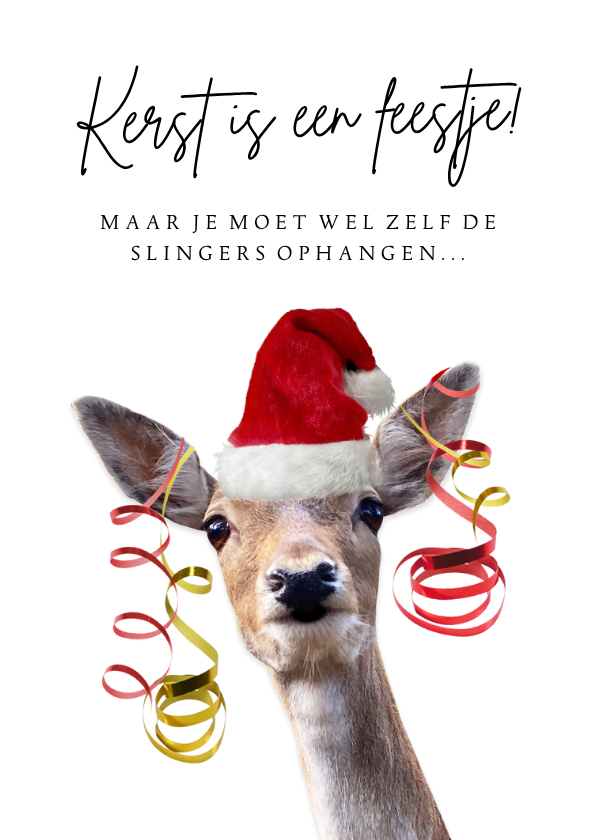 Kerstkaart zelf de slingers ophangen met hert met kerstmuts - Kerstkaarten Kerstkaarten - Kerstkaart zelf de slingers ophangen met hert met kerstmuts