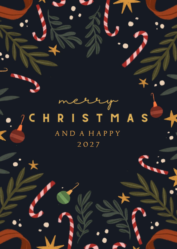 Kerstkaart zuurstokjes en takken vierkant. - Kerstkaarten Kerstkaarten - Kerstkaart zuurstokjes en takken vierkant.