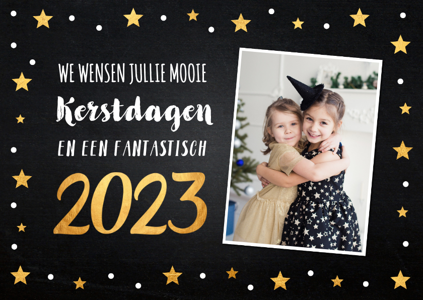 Kerstkaart zwart krijtbord goudlook sterren foto - Kerstkaarten Kerstkaarten - Kerstkaart zwart krijtbord goudlook sterren foto
