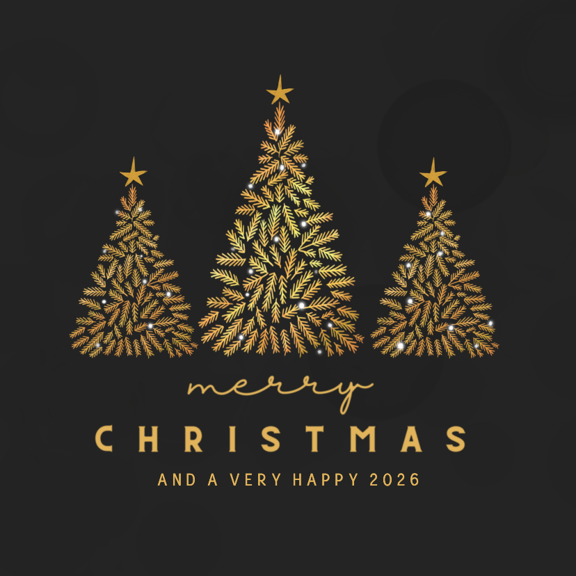 Kerstkaart zwart met gouden kerstboompjes - Kerstkaarten Kerstkaarten - Kerstkaart zwart met gouden kerstboompjes