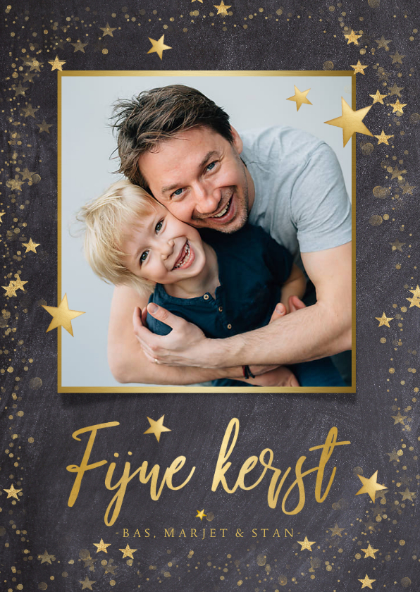 Kerstkaart zwart met gouden sterren en eigen foto - Kerstkaarten Kerstkaarten - Kerstkaart zwart met gouden sterren en eigen foto