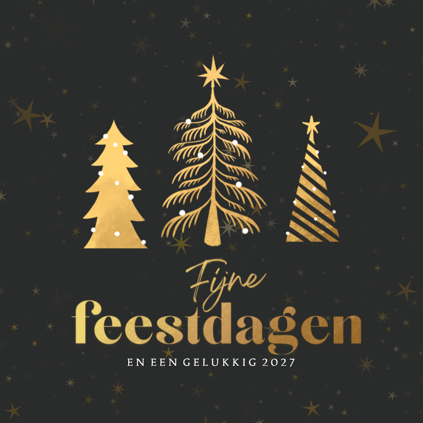 Kerstkaart zwarte sterrenhemel met gouden kerstbomen - Kerstkaarten Kerstkaarten - Kerstkaart zwarte sterrenhemel met gouden kerstbomen