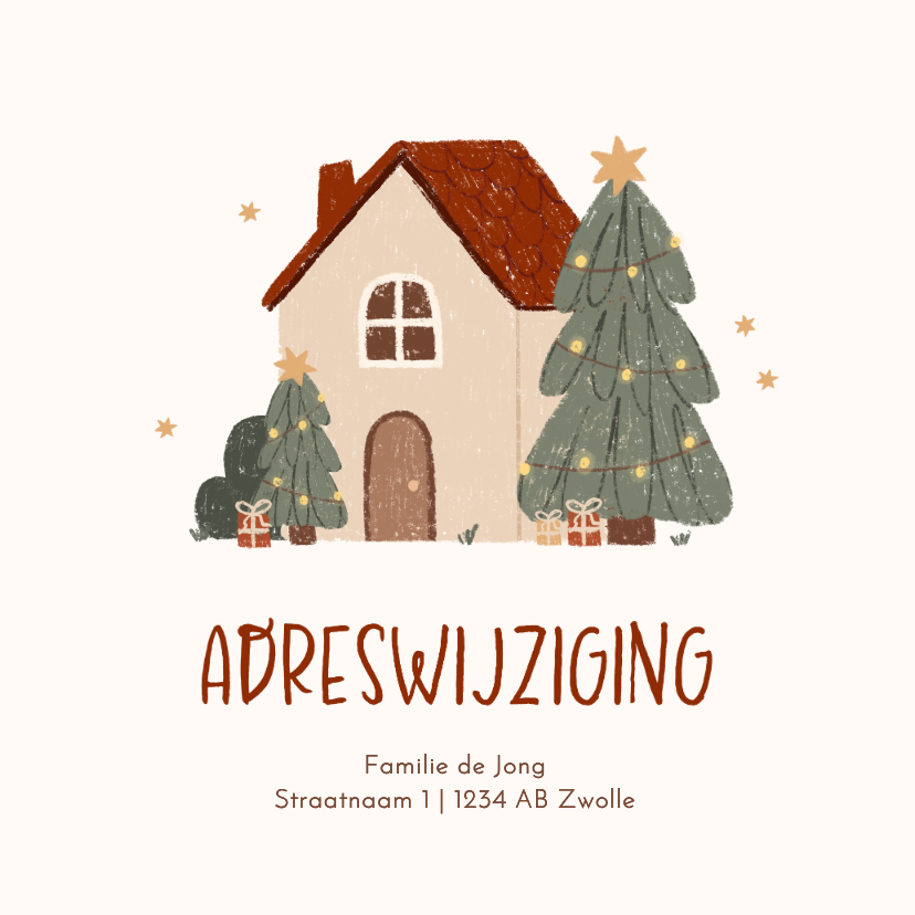 Kerstkaarten - Kerstkaartje adreswijziging illustratie huis kerstboom ster