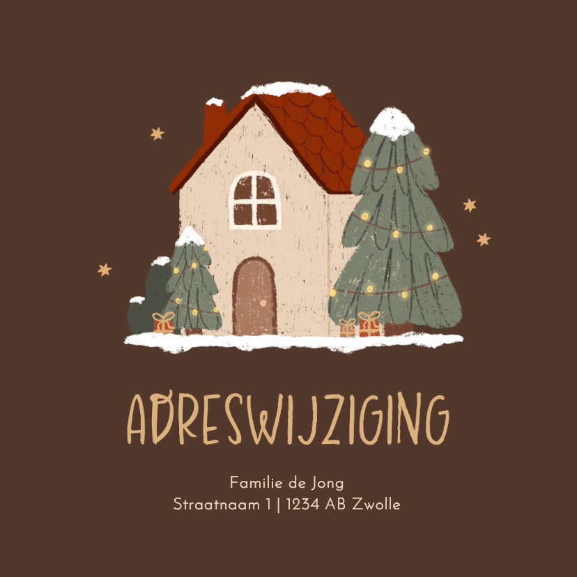 Kerstkaarten - Kerstkaartje adreswijziging illustratie huisje met sneeuw