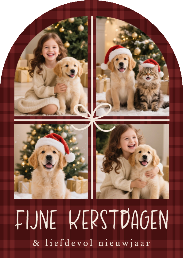 Kerstkaarten - Kerstkaartje boogvorm ruitjes klassiek fotocollage strik