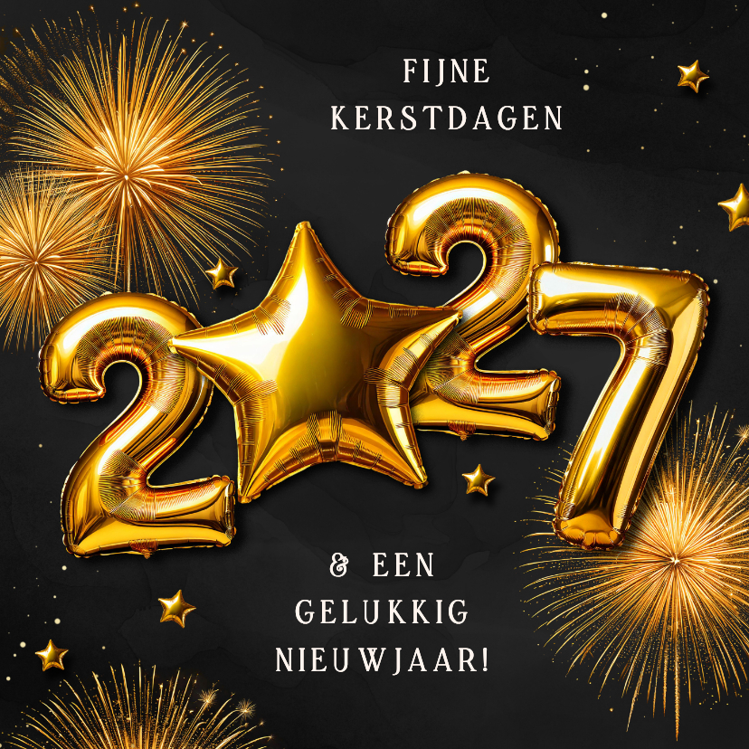 Kerstkaartje folieballonnen 2027 ster goud vuurwerk - Kerstkaarten Kerstkaarten - Kerstkaartje folieballonnen 2027 ster goud vuurwerk