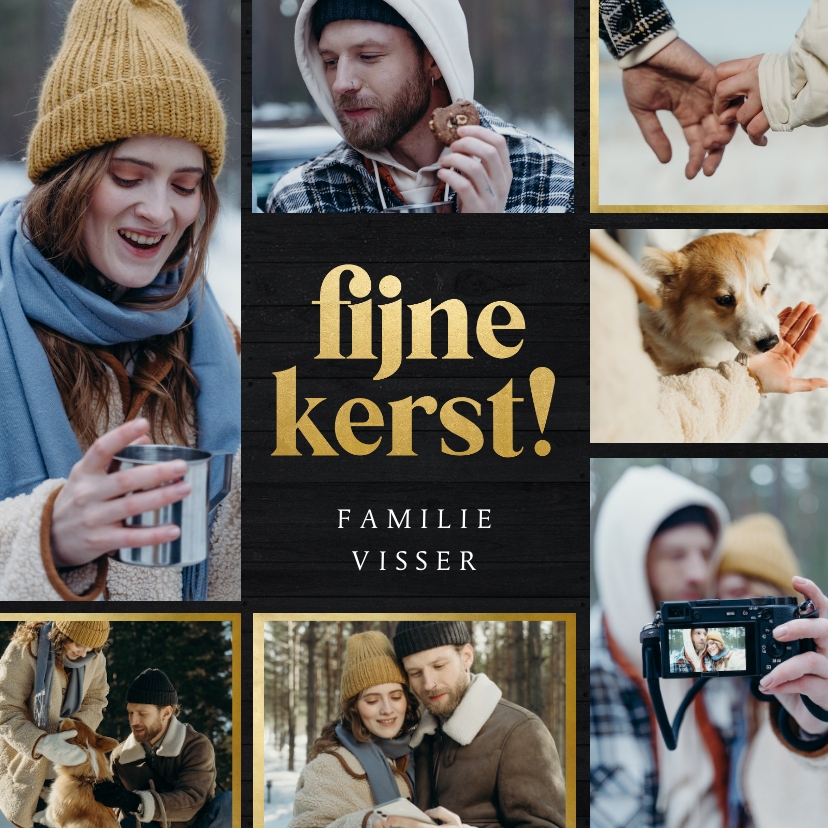 Kerstkaartje fotocollage hout met fijne kerst goud - Kerstkaarten Kerstkaarten - Kerstkaartje fotocollage hout met fijne kerst goud