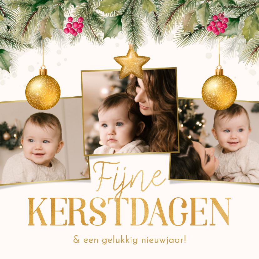 Kerstkaarten - Kerstkaartje fotocollage hulst kerstballen goudlook