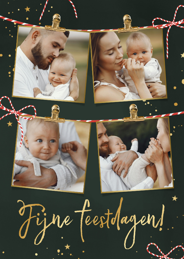 Kerstkaartje fotocollage strikjes donkergroen goud - Kerstkaarten Kerstkaarten - Kerstkaartje fotocollage strikjes donkergroen goud
