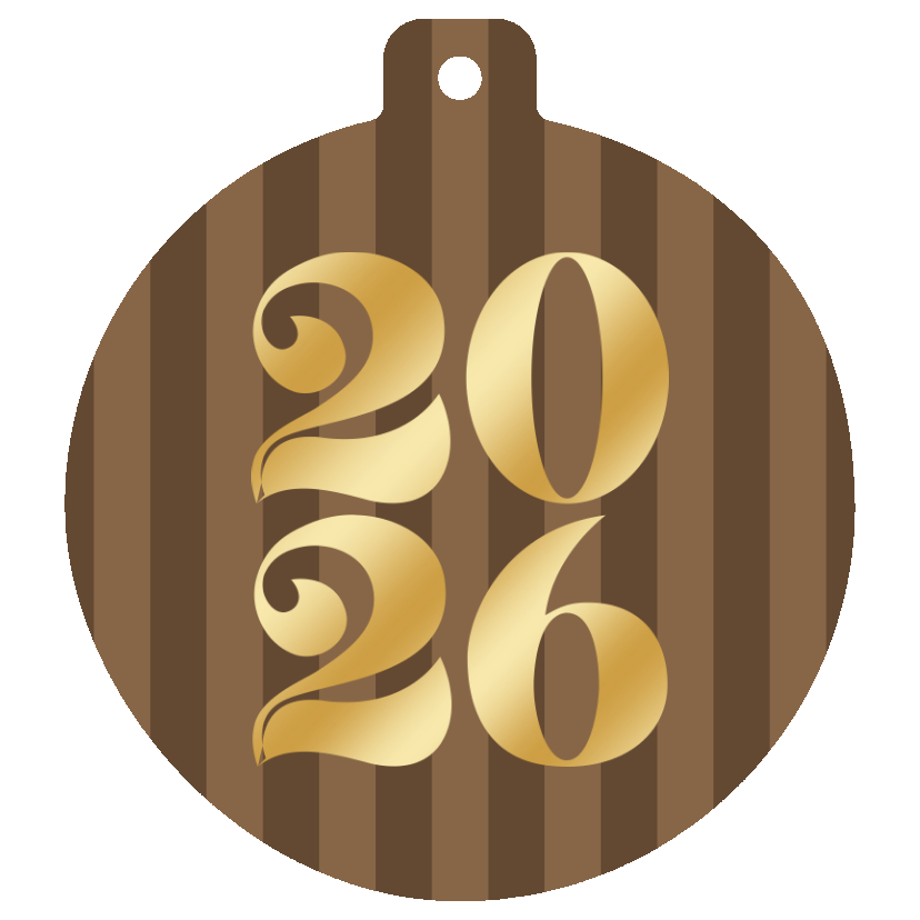 Kerstkaartje gestreept 2026 goud kerstbalvorm bruin - Kerstkaarten Kerstkaarten - Kerstkaartje gestreept 2026 goud kerstbalvorm bruin
